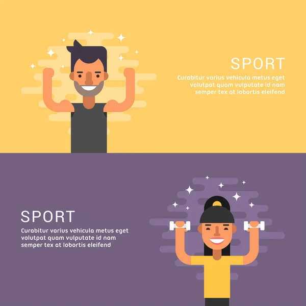 People Sport Concept. Fitness. Personajes de dibujos animados masculinos y femeninos. Conceptos de diseño plano para banners web y materiales promocionales — Archivo Imágenes Vectoriales