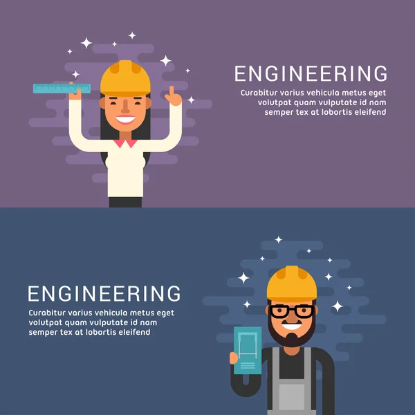 Concepto de Profesión de Personas. Ingeniería. Personajes de dibujos animados masculinos y femeninos. Conceptos de diseño plano para banners web y materiales promocionales — Vector de stock