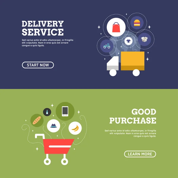 Goede aankoop. Delivery Service. Set van platte ontwerpconcepten voor webbanners en promotiemateriaal — Stockvector