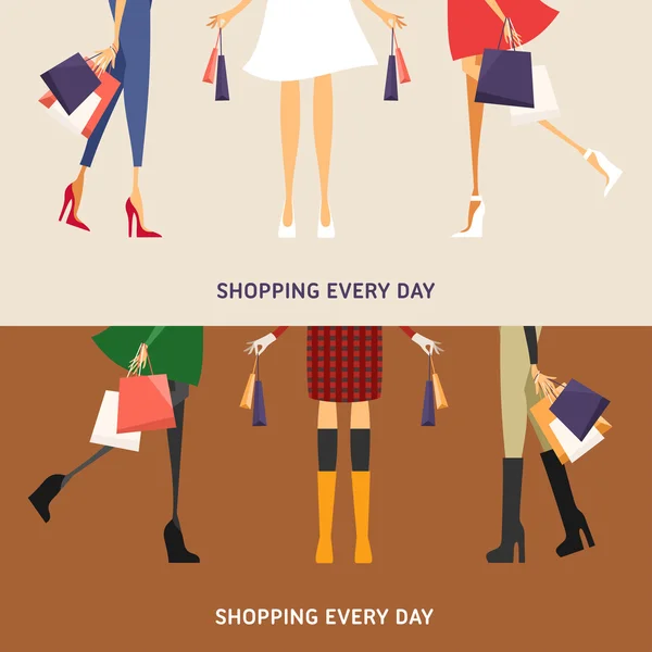 Compras todos los días. Chica con bolsas de compras. Conjunto de Conceptos de Diseño Plano para Banners Web y Materiales Promocionales — Archivo Imágenes Vectoriales