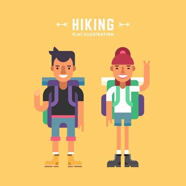 Concepto de senderismo. Dos turistas con mochilas de pie y sonriendo. Personajes de dibujos animados masculinos y femeninos. Diseño plano Vector Ilustración — Archivo Imágenes Vectoriales