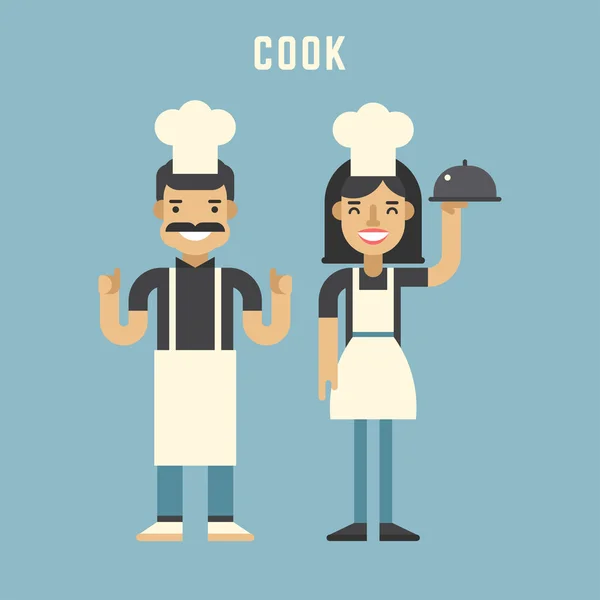 Cook Concept. Personagens de desenhos animados masculinos e femininos. Design plano Vector Ilustração —  Vetores de Stock
