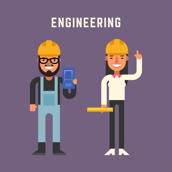 Engineering-Konzept. männliche und weibliche Comicfiguren. flache Designvektorillustration — Stockvektor