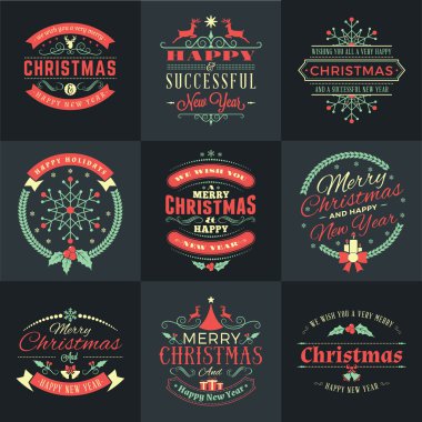 Neşeli Noel ve mutlu yeni yıl dekoratif rozetleri kümesi için tebrik kartları ve davetiyeler. Vektör çizim Retro renkleri