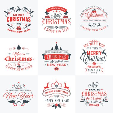 Neşeli Noel ve mutlu yeni yıl dekoratif rozetleri kümesi için tebrik kartları ve davetiyeler. Kırmızı ve gri renklerde vektör çizim