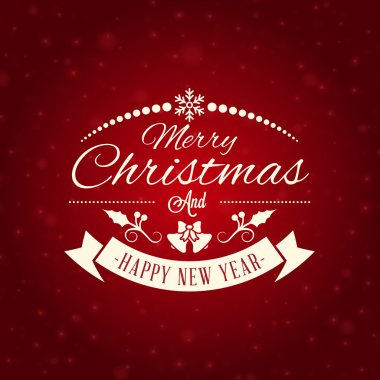 Noel Kartpostalı dekorasyon kırmızı zemin üzerine Vintage tipografik rozeti ile. Mutlu Noeller ve mutlu yeni yıl. Vektör çizim