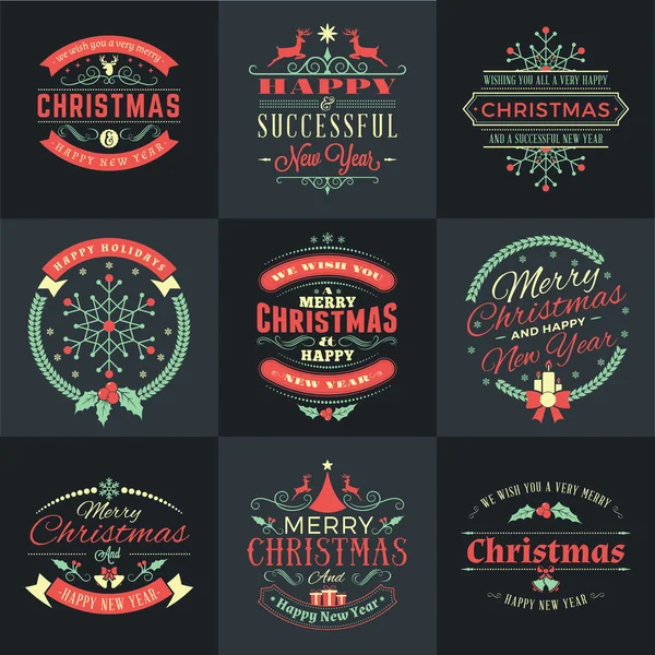 Set van vrolijke Kerstmis en gelukkig Nieuwjaar decoratieve Badges voor Greetings Cards of uitnodigingen. Vectorillustratie in Retro kleuren — Stockvector