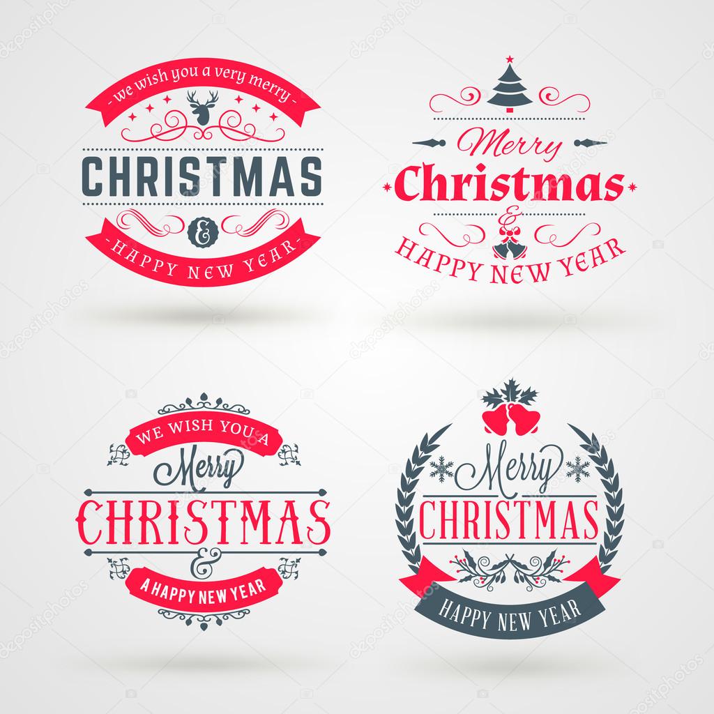 Set of Merry Christmas and Happy New Year Decorative Badges or Labels for Greetings Cards. Vector Illustration