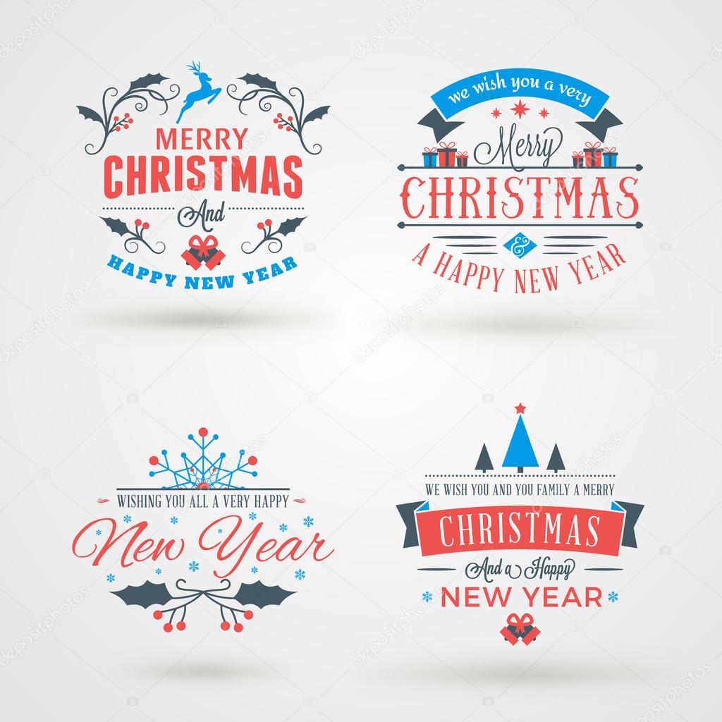 Set of Merry Christmas and Happy New Year Decorative Badges or Labels for Greetings Cards. Vector Illustration