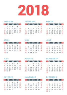 Calendar for 2018 Year on White Background. Week Starts Sunday. Vector Design Print Template