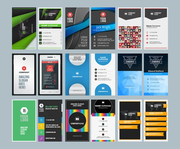 Set of Creative Vertical Business Card Print Templates. Flat Style Vector Illustration. Stationery Design — Stock vektor