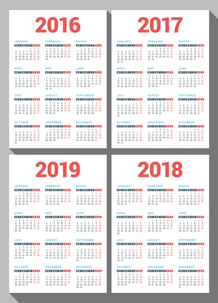 Set of Calendars for 2016, 2017, 2018, 2019 Years on White Background. Week Starts Monday. Vector Design Print Template — Stock Vector