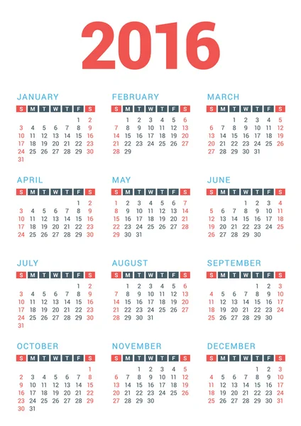 Calendar for 2016 Year on White Background. Week Starts Sunday. Vector Design Print Template — Stockvector