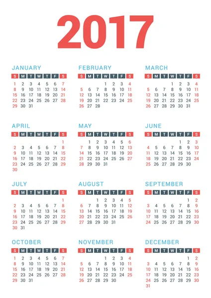 Calendar for 2017 Year on White Background. Week Starts Sunday. Vector Design Print Template — Stock Vector