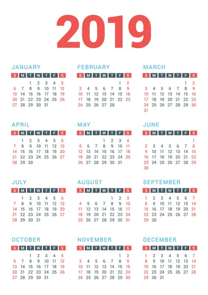 Calendario para 2019 Año sobre fondo blanco. La semana empieza el domingo. Plantilla de impresión de diseño vector — Archivo Imágenes Vectoriales