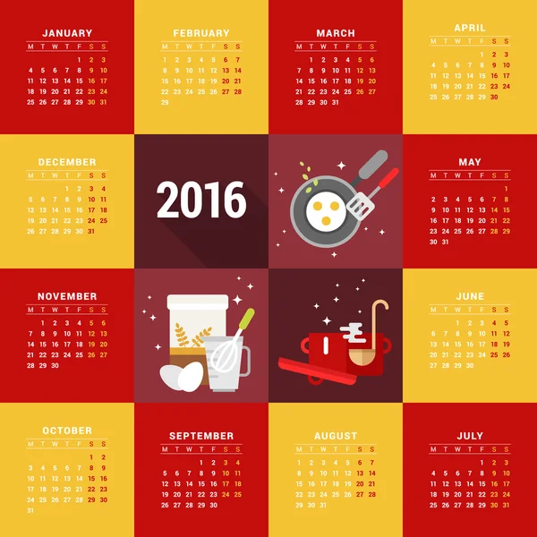 Vector Design Print Template. Calendar for 2016 Year. Week Starts Monday. Flat Style Vector Illustrations. Food and Cooking — Stockový vektor