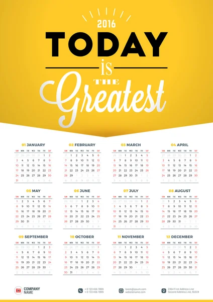 Wall Calendar Poster para el año 2016. Plantilla de impresión de diseño vectorial con cita tipográfica motivacional sobre fondo amarillo. Cuadrícula del calendario — Archivo Imágenes Vectoriales