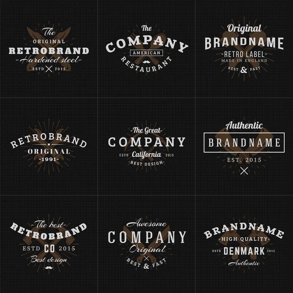 Set of Hipster Vintage Labels, Logotypes, Badges for Your Business. Knife, Axe, Hammer, Wrench. Vector Illustration on Dark Textured Background — Wektor stockowy