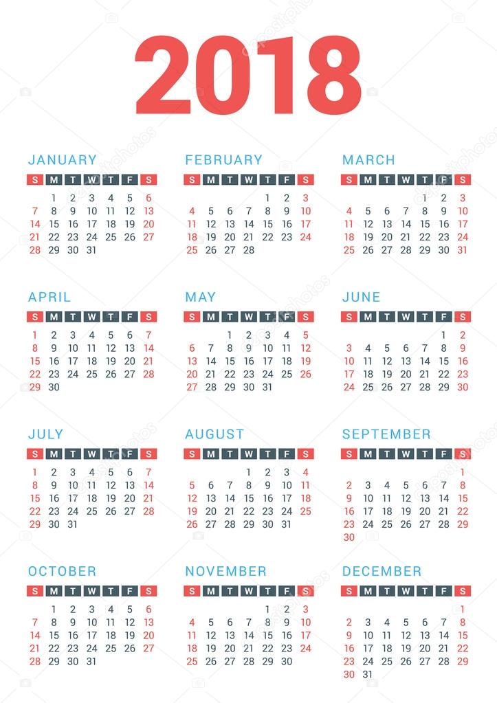Calendar for 2018 Year on White Background. Week Starts Sunday. Vector Design Print Template
