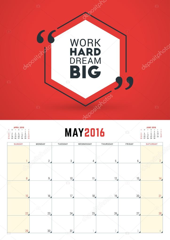 may 2016 wall calendar planner for 2016 year week starts sunday
