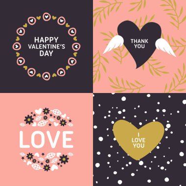 Set of Decorative Floral Frames. Happy Valentines Day Celebration. Vector Design Elements for Greeting Cards. Pink, Golden and Black Colors
