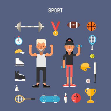 Set of Vector Icons and Illustrations in Flat Design Style. Sport Concept. Male and Female Cartoon Character Sportsmans Surrounded by Sports Equipment