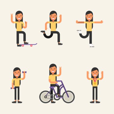 Kinds of Sport. Set of Flat Style Vector Illustrations of Young Girl Engaged in Various Sports. Skateboarding, Running, Skating, Fitness, Cycling, Winner