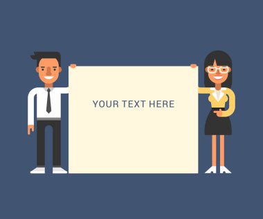 İşadamları ile boş bayrak. Erkek ve dişi çizgi film karakterleri. Düz stil vektör çizim