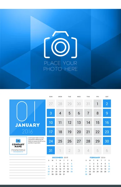 Kalender für 2016 Jahr. Januar. Vektor Design saubere Vorlage mit modernen abstrakten Hintergrund, Logo und Platz für Notizen. Die Woche beginnt am Sonntag. aktuelle, vorherige und nächste Monate auf der Seite — Stockvektor