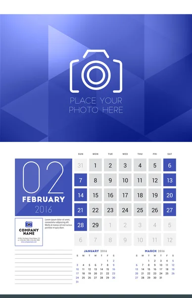Calendar for 2016 Year. February. Vector Design Clean Template with Modern Abstract Background, Logo and Place for Notes. Week Starts Sunday. Current, Previous and Next Months on the Page — Stock vektor