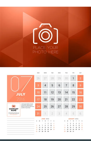 Calendar for 2016 Year. July. Vector Design Clean Template with Modern Abstract Background, Logo and Place for Notes. Week Starts Sunday. Current, Previous and Next Months on the Page — Stok Vektör