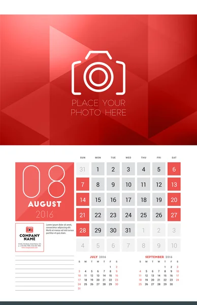 Calendar for 2016 Year. August. Vector Design Clean Template with Modern Abstract Background, Logo and Place for Notes. Week Starts Sunday. Current, Previous and Next Months on the Page — Stock vektor
