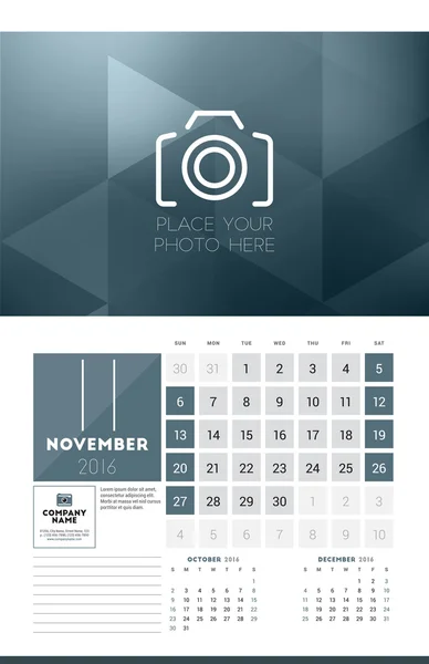 Calendar for 2016 Year. November. Vector Design Clean Template with Modern Abstract Background, Logo and Place for Notes. Week Starts Sunday. Current, Previous and Next Months on the Page — Stock vektor