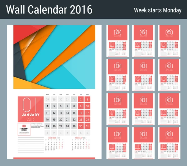 Calendar for 2016 Year. Vector Design Clean Template with Logo and Place for Notes. Week Starts Monday. 12 Months — Stock vektor
