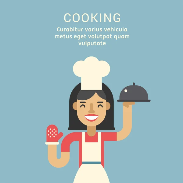 Concepto de cocina. Personaje de dibujos animados femenino de pie con comidas preparadas. Diseño plano Vector Ilustración — Archivo Imágenes Vectoriales