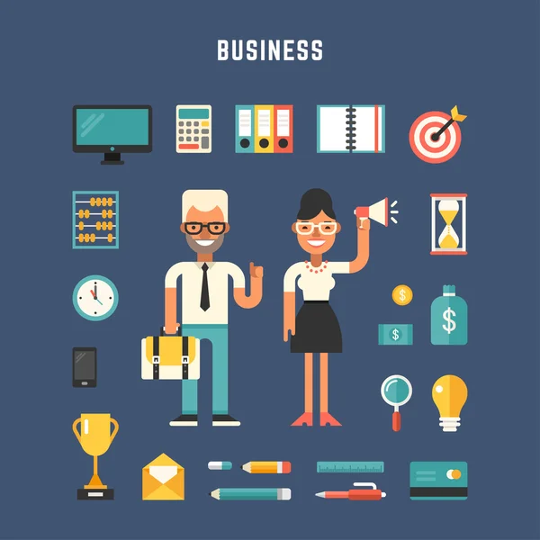 Set of Vector Icons and Illustrations in Flat Design Style. Male and Female Cartoon Characters Businessmen Surrounded by Business Objects — Stockový vektor