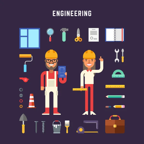 Set of Vector Icons and Illustrations in Flat Design Style. Engineering Concept. Male and Female Cartoon Character Engineers Surrounded by Building Tools — Stock Vector