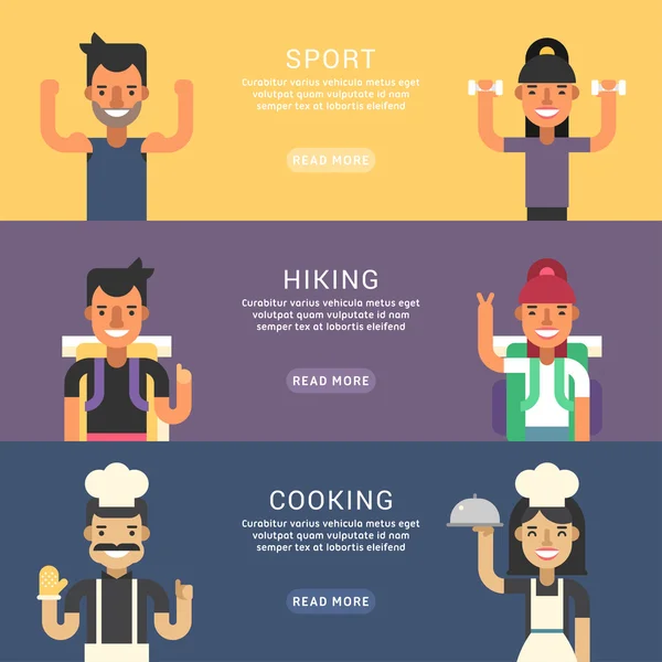 Set of Flat Style Vector Conceptual Illustrations for Web Banners. People Occupation. Sport, Hiking, Cooking — Stock Vector