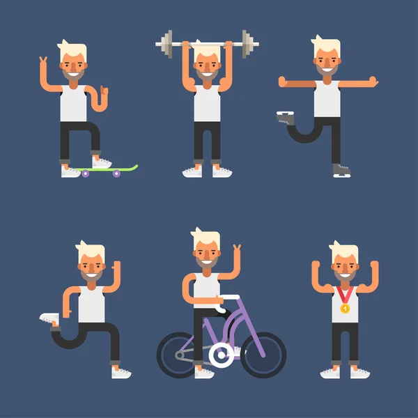 Tipos de Desporto. Conjunto de Ilustrações vetoriais de estilo plano de jovens envolvidos em vários esportes. Skate, Correr, Patinar, Fitness, Ciclismo, Vencedor — Vetor de Stock