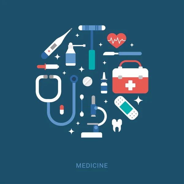 Medische pictogrammen in de vorm van de cirkel. Koffer, Thermometer, Patch, Microscoop, Pipet, Scalpel, Spray, tand, Phonendoscope. Vectorillustratie in vlakke stijl voor webbanners of promotionele M — Stockvector