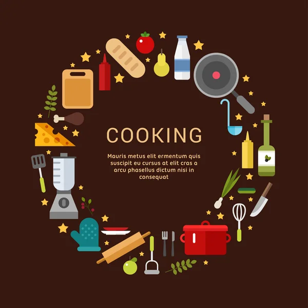 Iconos de cocina en forma de círculo. Ilustración vectorial en estilo de diseño plano para banners web o materiales promocionales — Archivo Imágenes Vectoriales