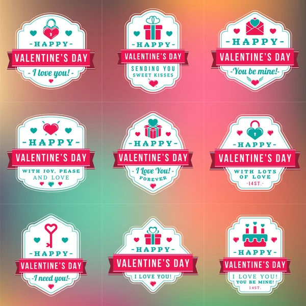 Set de Vintage Feliz Día de San Valentín insignias y etiquetas. Plantilla de diseño tipográfico con colores rosa y turquesa — Vector de stock