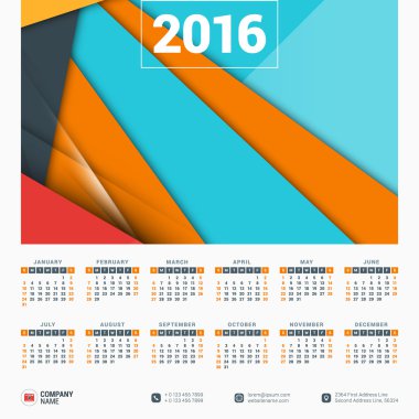 Vector Design Print Template with Abstract Background. Calendar for 2016 Year. Week Starts Sunday