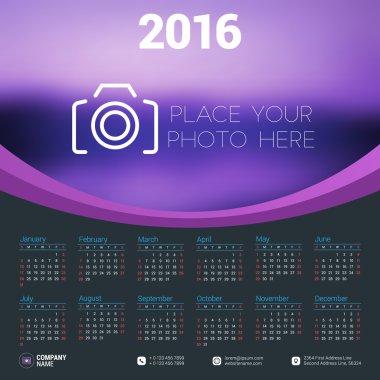 Vector Design Print Template with Place for Photo. Calendar for 2016 Year. Week Starts Sunday