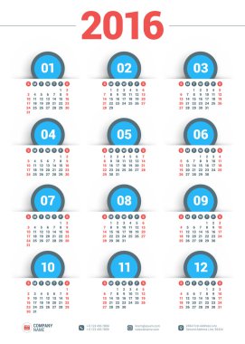 Vector Design Print Template. Poster Calendar for 2016 Year. Week Starts Sunday
