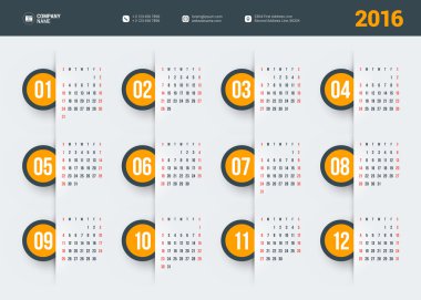Vector Design Print Template. Poster Calendar for 2016 Year. Week Starts Sunday