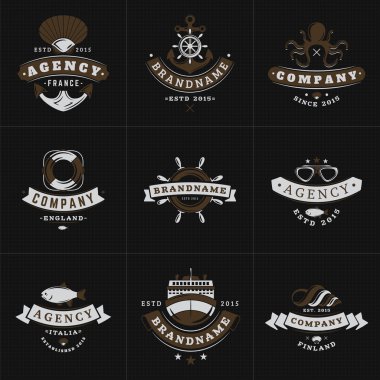 Set of Hipster Vintage Labels, Logotypes, Badges for Your Business. Nautical Theme - Sea, Anchor, Octopus, Ship, Fish, Shell. Vector Illustration on Dark Textured Background