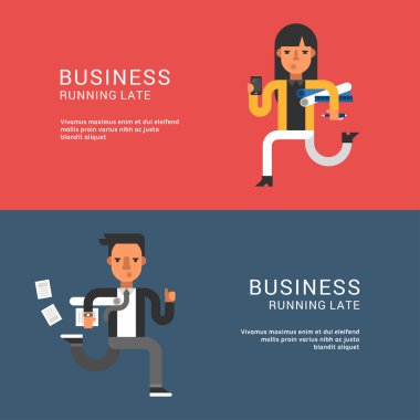 Hızlı çalışan takım elbiseli genç Businessmans. Düz stil vektör Şablon Web afiş için