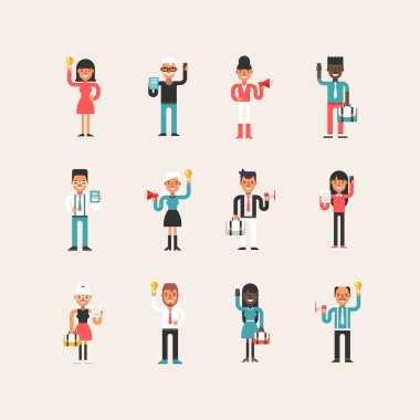 Düz stil çizgi film iş adamı ve iş sembolleri farklı pozlar içinde bulunan kadın karakter kümesi 