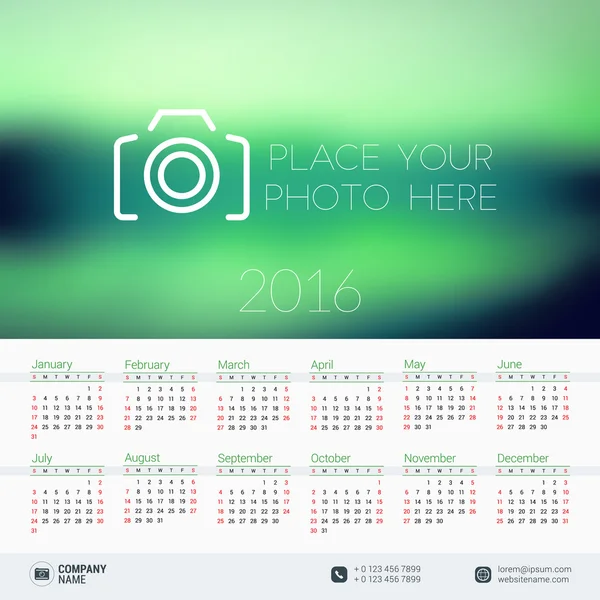 Vector Design Print Template with Place for Photo. Calendar for 2016 Year. Week Starts Sunday — Διανυσματικό Αρχείο